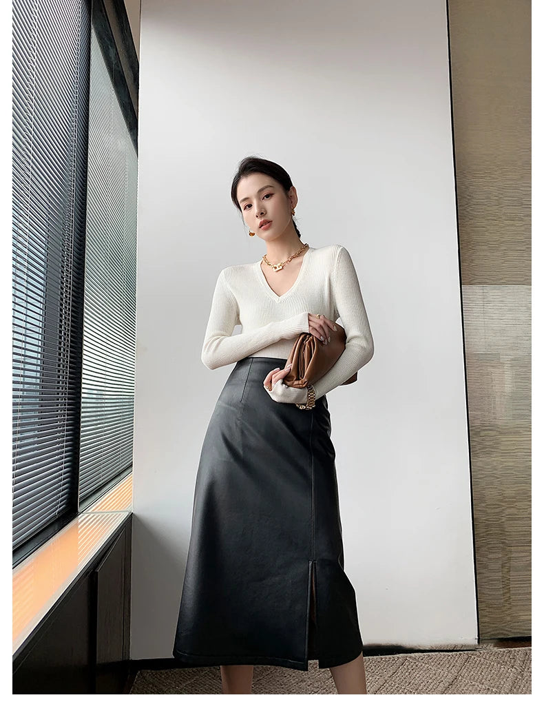 Women Soft Leather High Waist Long Straight Skirt