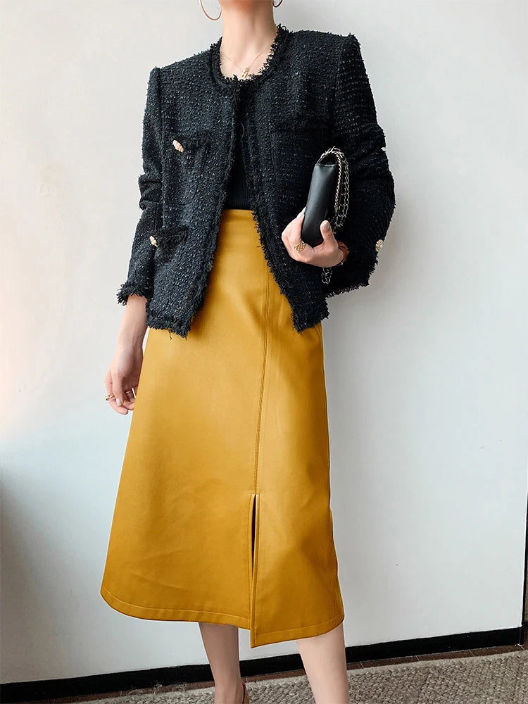 Women Soft Leather High Waist Long Straight Skirt