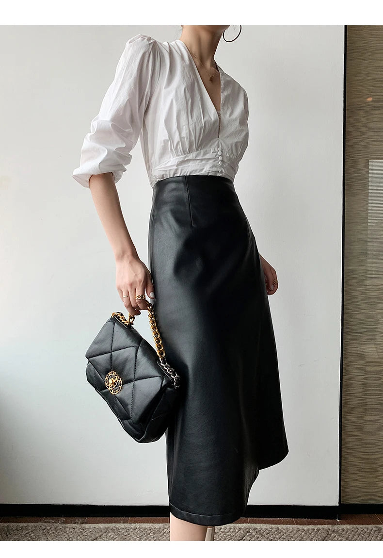 Women Soft Leather High Waist Long Straight Skirt