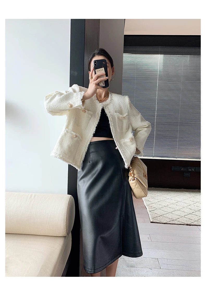 Women Soft Leather High Waist Long Straight Skirt