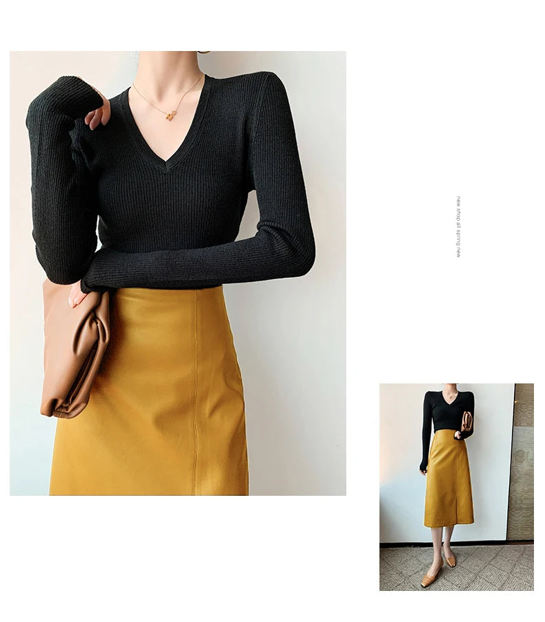 Women Soft Leather High Waist Long Straight Skirt