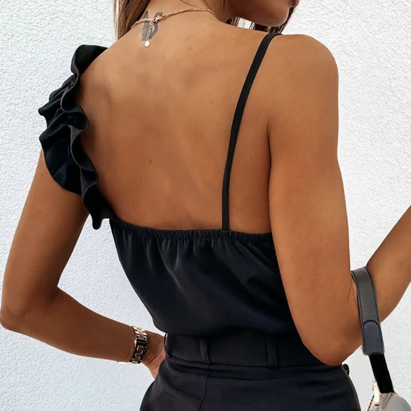 Women Sexy V Neck Ruffle Backless Spaghetti Strap Sleeveless Casual Top