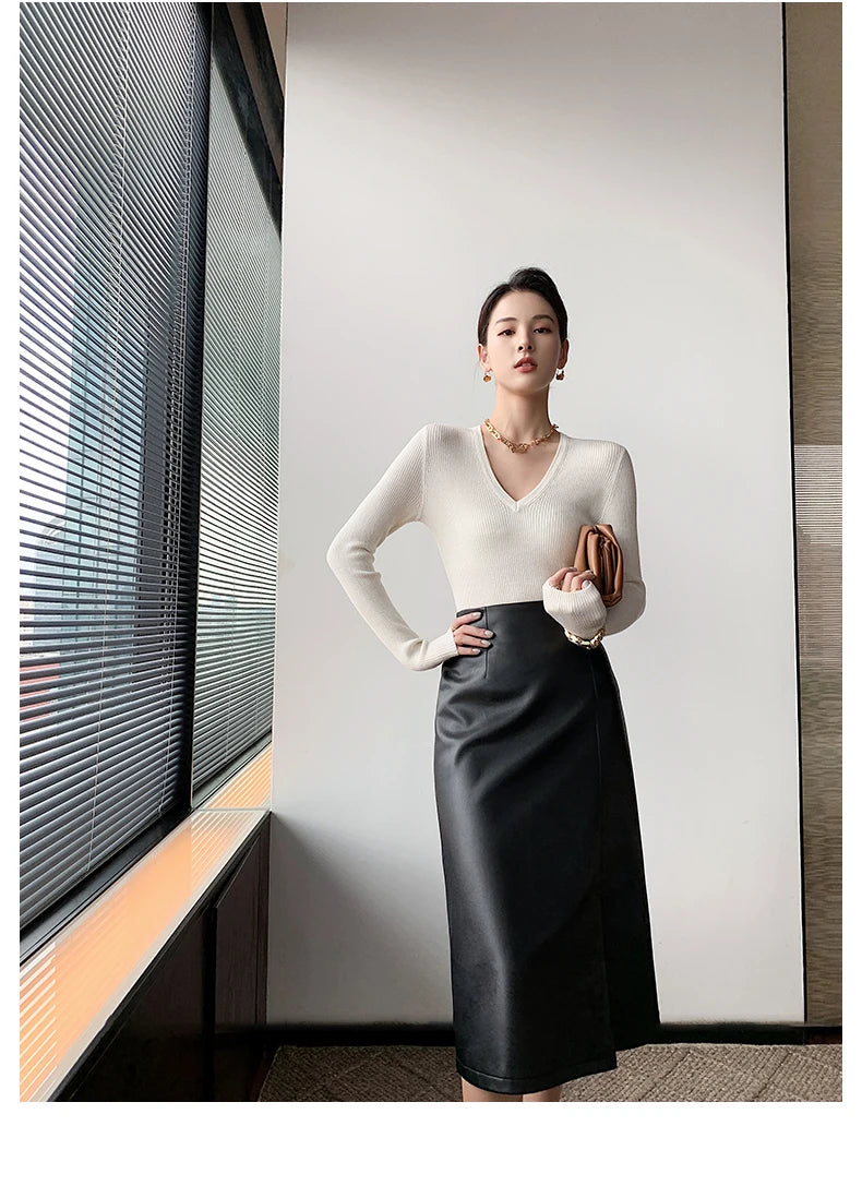 Women Soft Leather High Waist Long Straight Skirt