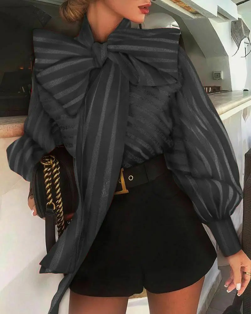 Designer Striped Sheer Bow Tie Collar Long Sleeve Blouse
