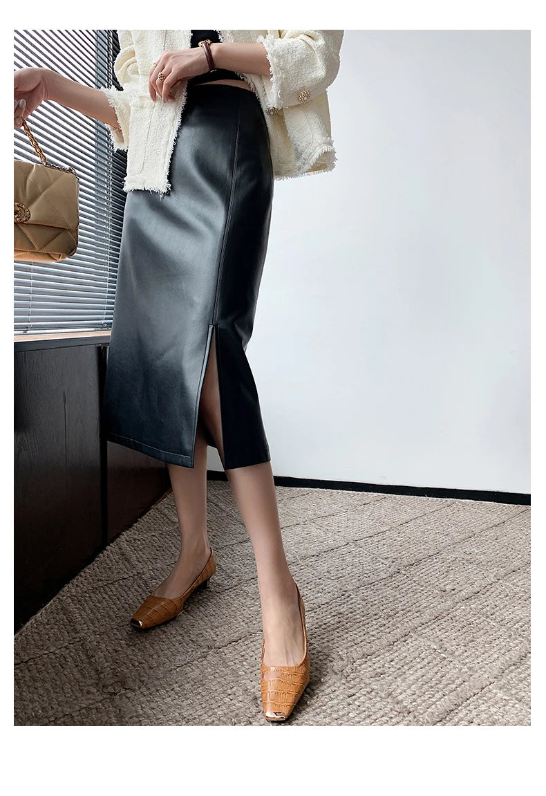 Women Soft Leather High Waist Long Straight Skirt