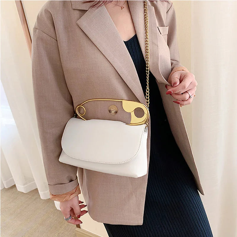 Chic Designer Handbag w/ Decorative Safety Pin Handle