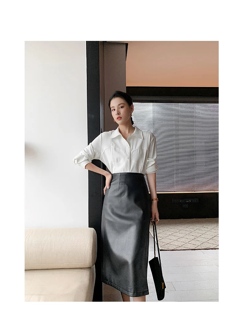 Women Soft Leather High Waist Long Straight Skirt