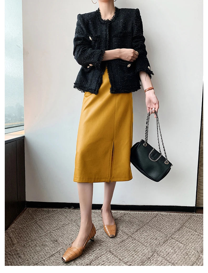 Women Soft Leather High Waist Long Straight Skirt