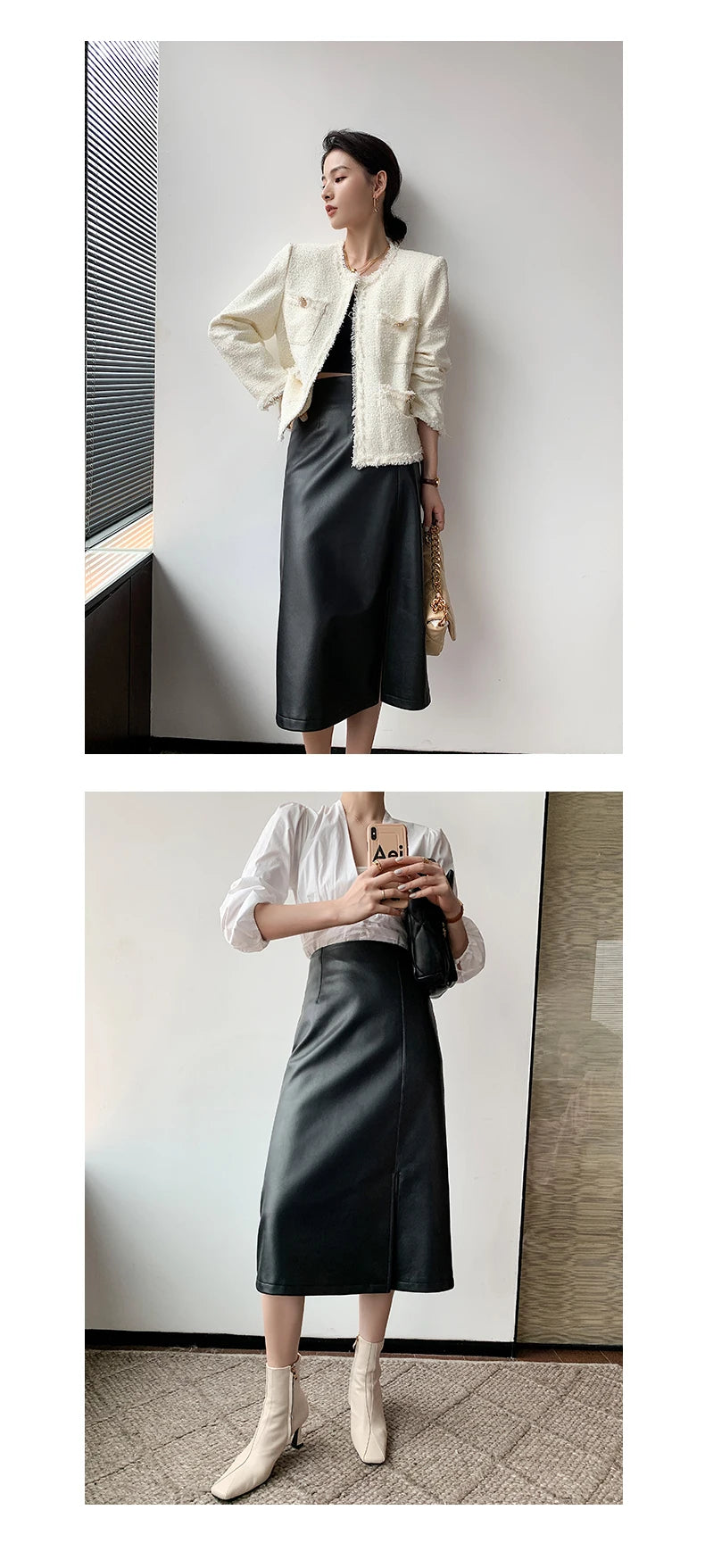 Women Soft Leather High Waist Long Straight Skirt