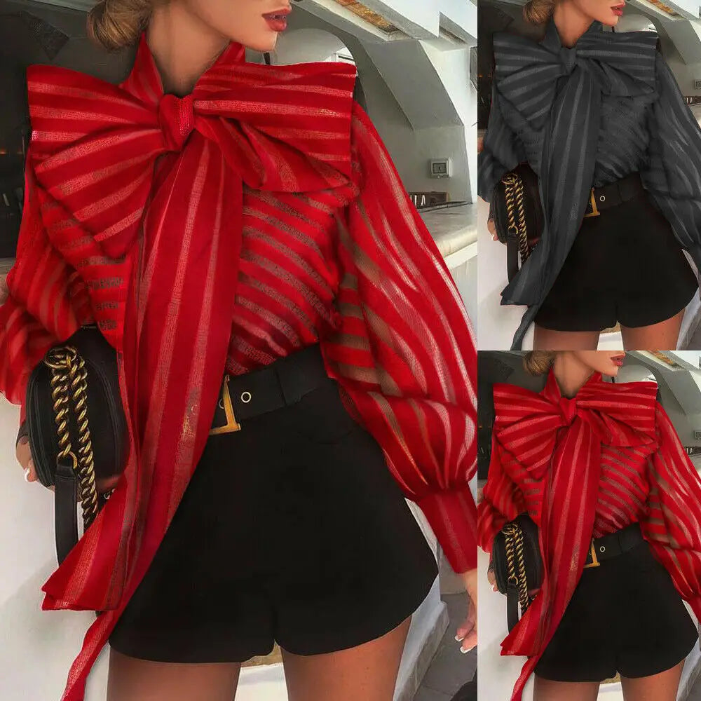 Designer Striped Sheer Bow Tie Collar Long Sleeve Blouse