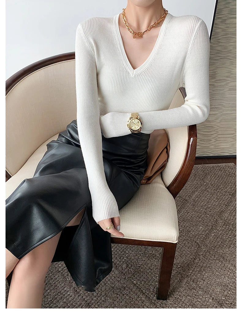 Women Soft Leather High Waist Long Straight Skirt