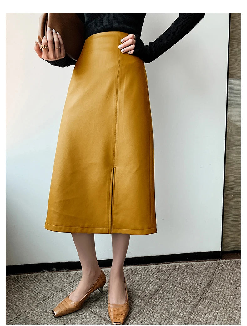 Women Soft Leather High Waist Long Straight Skirt
