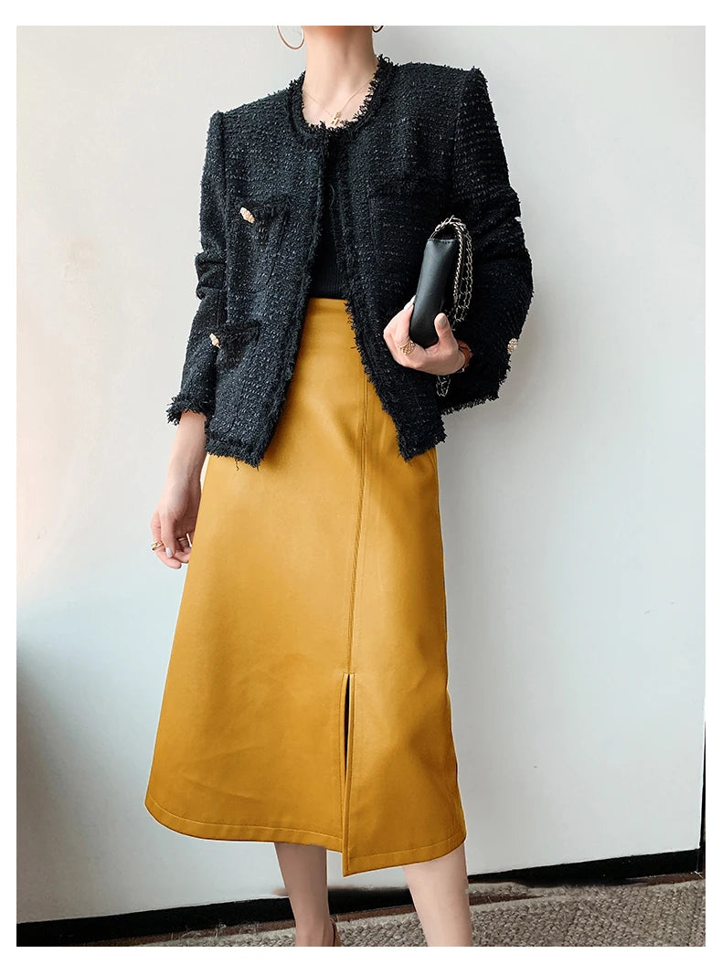 Women Soft Leather High Waist Long Straight Skirt