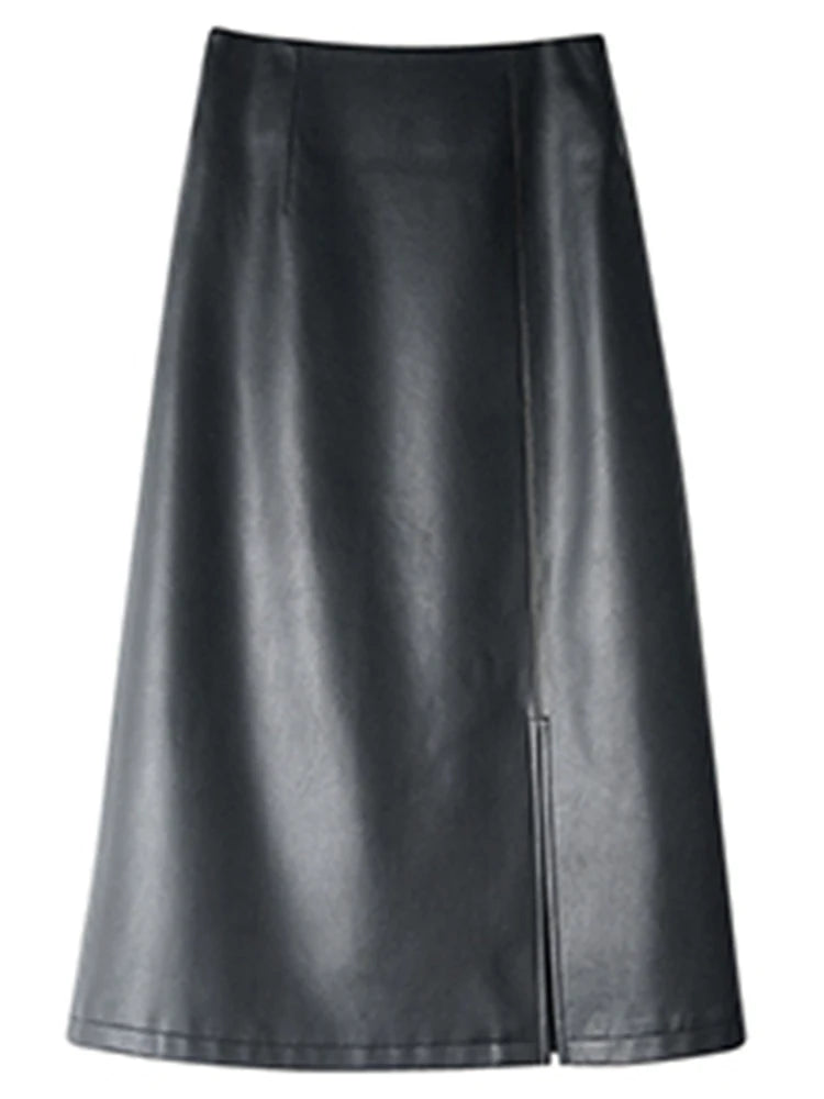Women Soft Leather High Waist Long Straight Skirt
