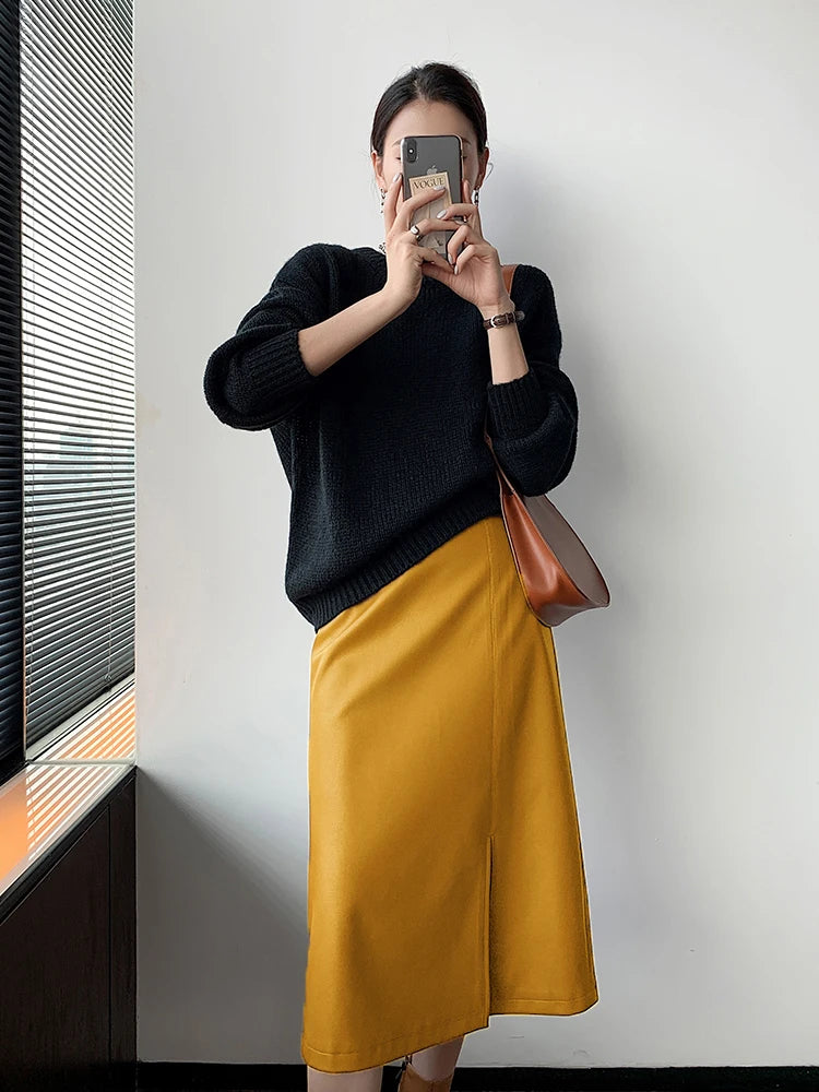 Women Soft Leather High Waist Long Straight Skirt