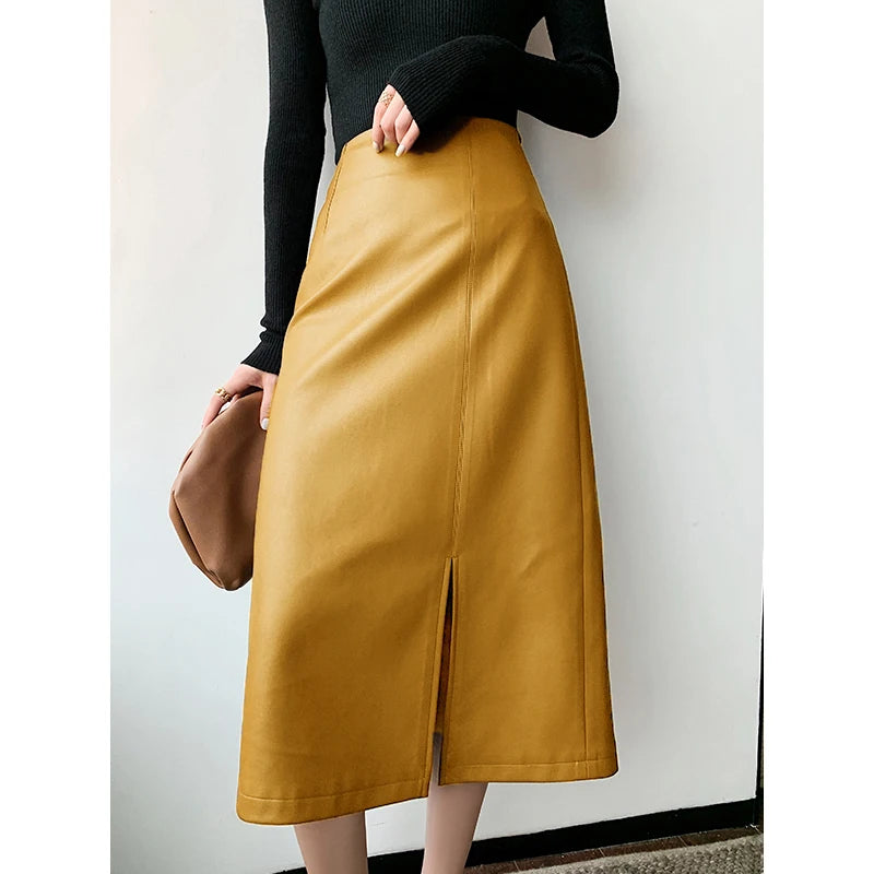 Women Soft Leather High Waist Long Straight Skirt