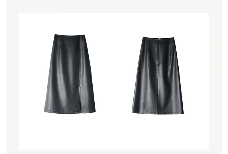 Women Soft Leather High Waist Long Straight Skirt