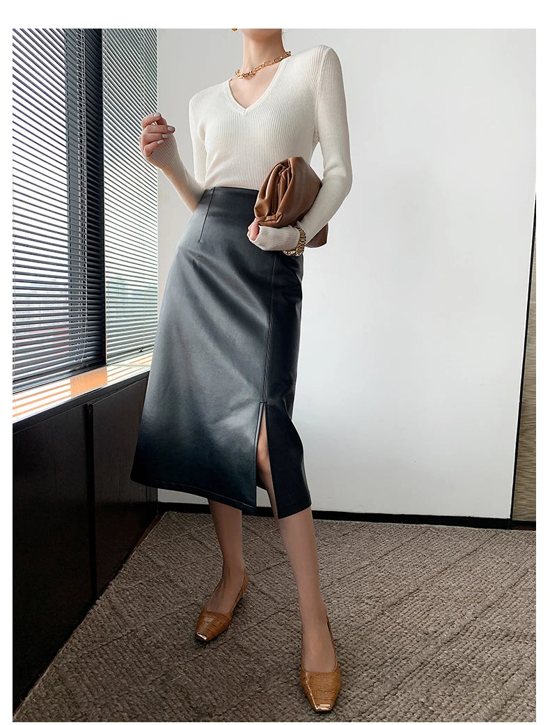 Women Soft Leather High Waist Long Straight Skirt
