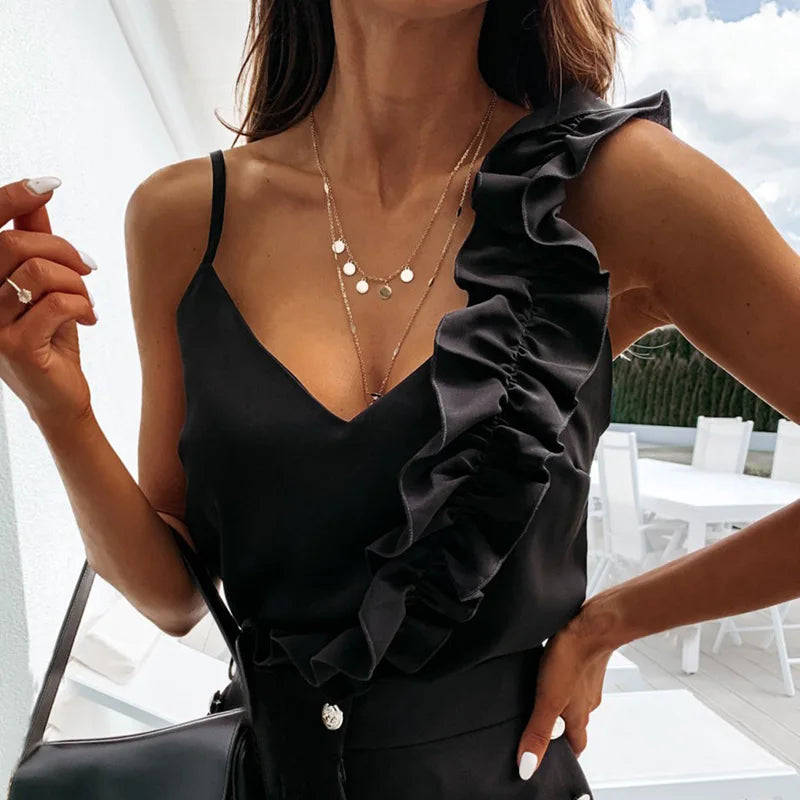 Women Sexy V Neck Ruffle Backless Spaghetti Strap Sleeveless Casual Top