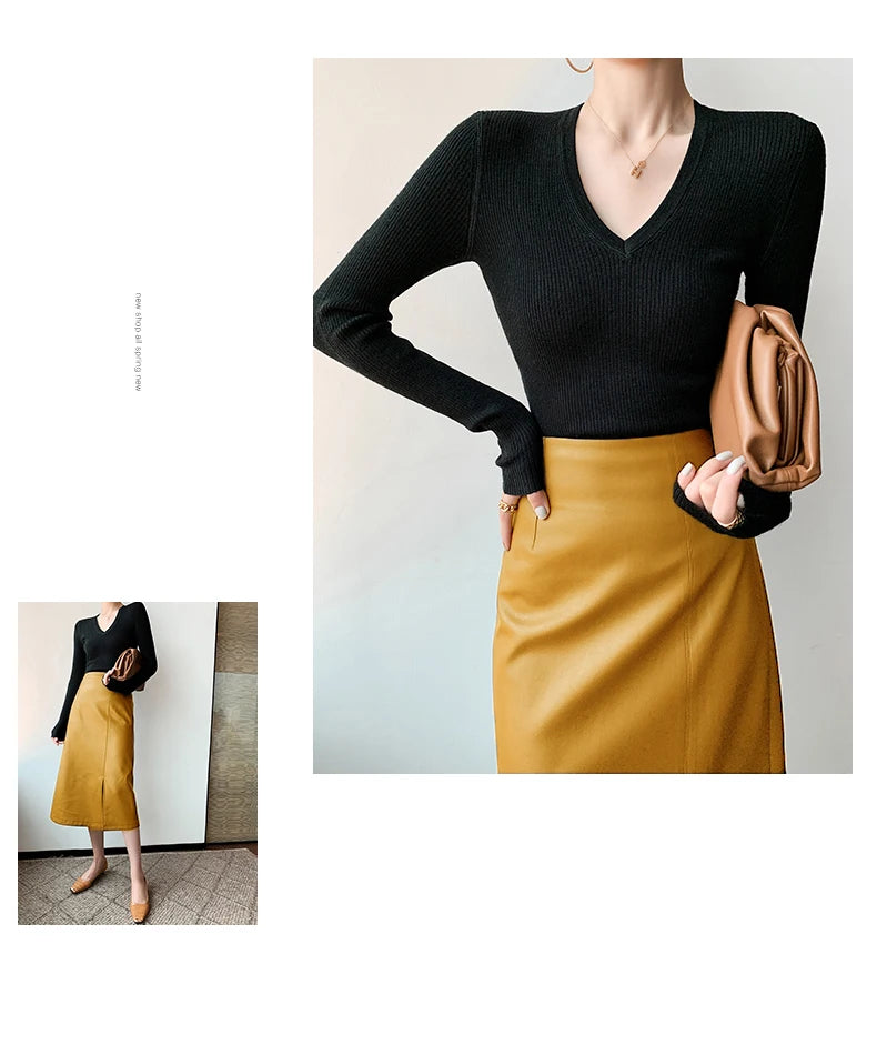 Women Soft Leather High Waist Long Straight Skirt