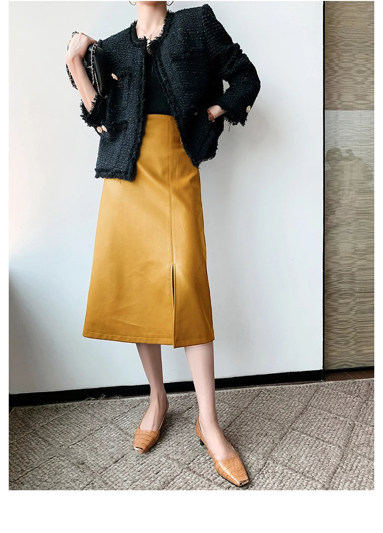 Women Soft Leather High Waist Long Straight Skirt
