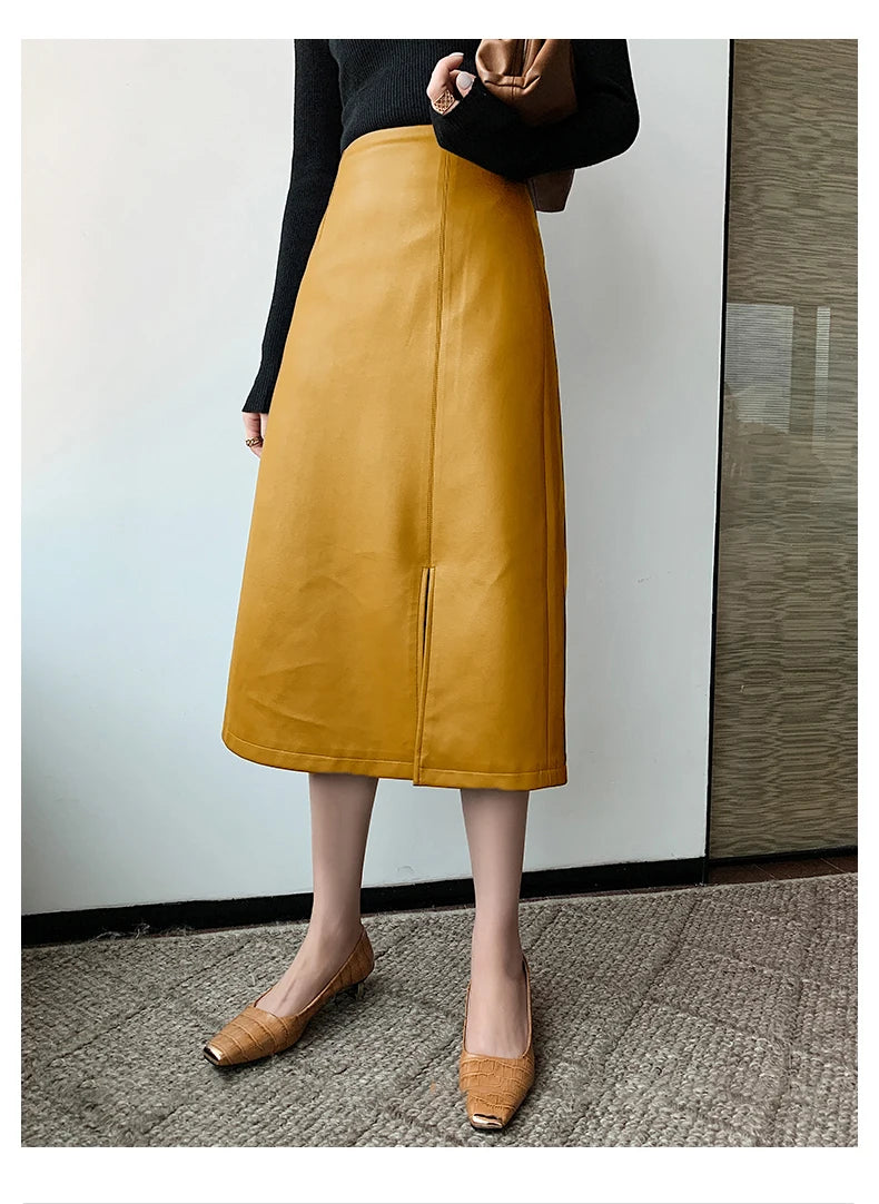Women Soft Leather High Waist Long Straight Skirt