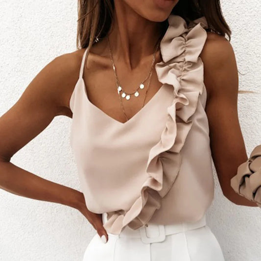 Women Sexy V Neck Ruffle Backless Spaghetti Strap Sleeveless Casual Top