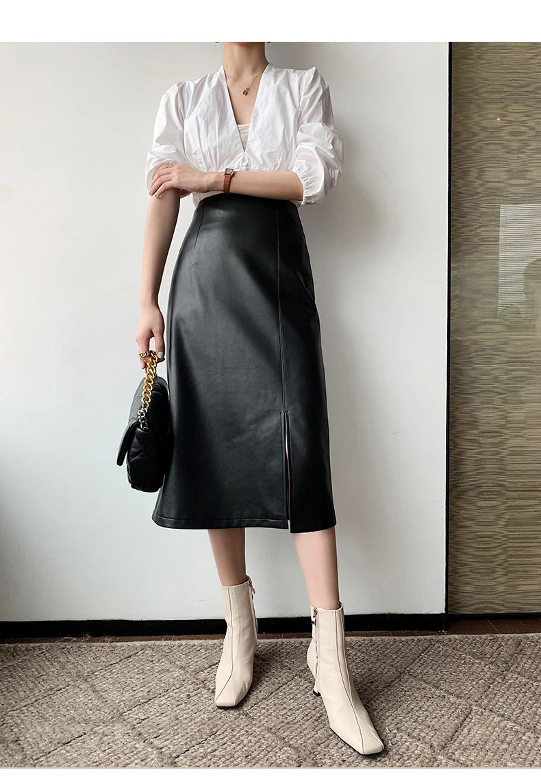 Women Soft Leather High Waist Long Straight Skirt