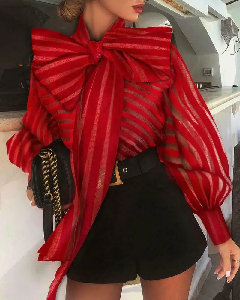 Designer Striped Sheer Bow Tie Collar Long Sleeve Blouse