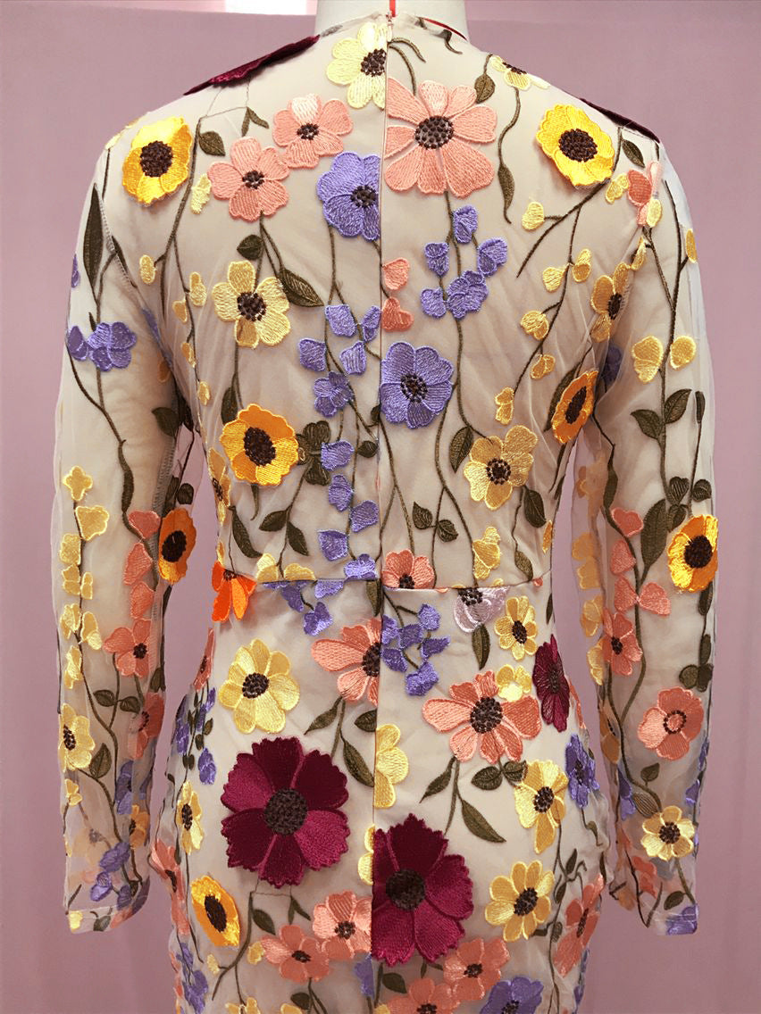 Round Neck Colorful Flower Embroider Mesh Fishtail Dress