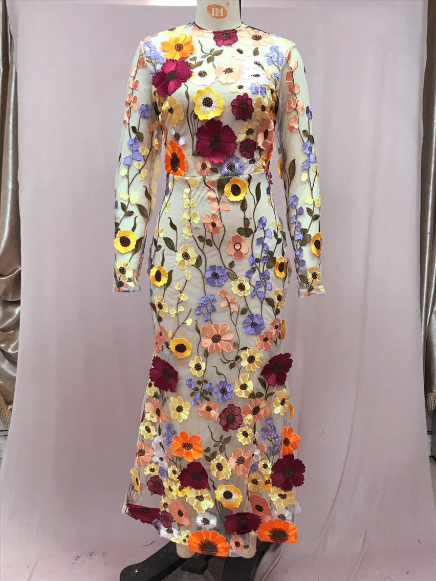 Round Neck Colorful Flower Embroider Mesh Fishtail Dress
