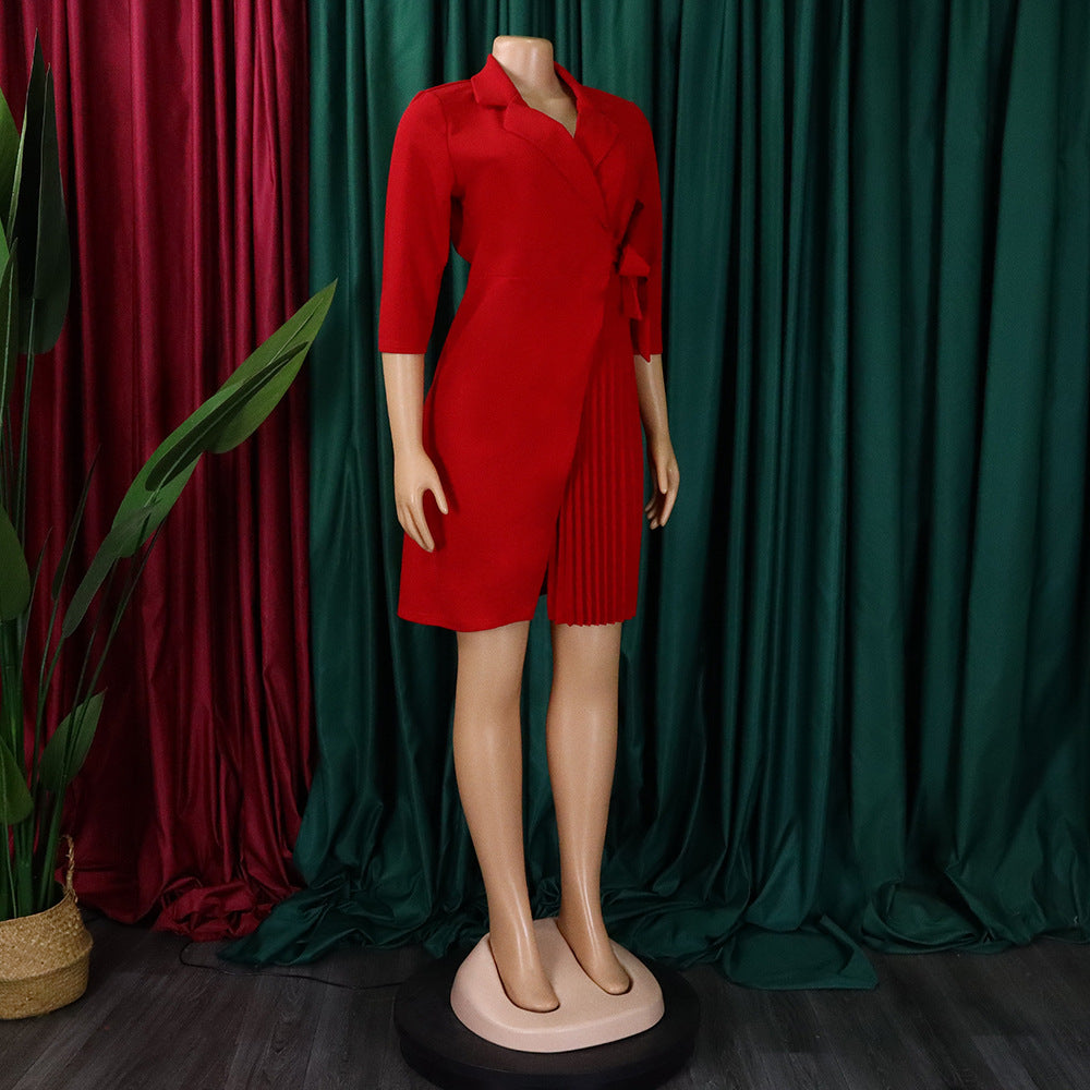 Women Lace Wrap Notched Pleated Blazer Style Vintage Dress