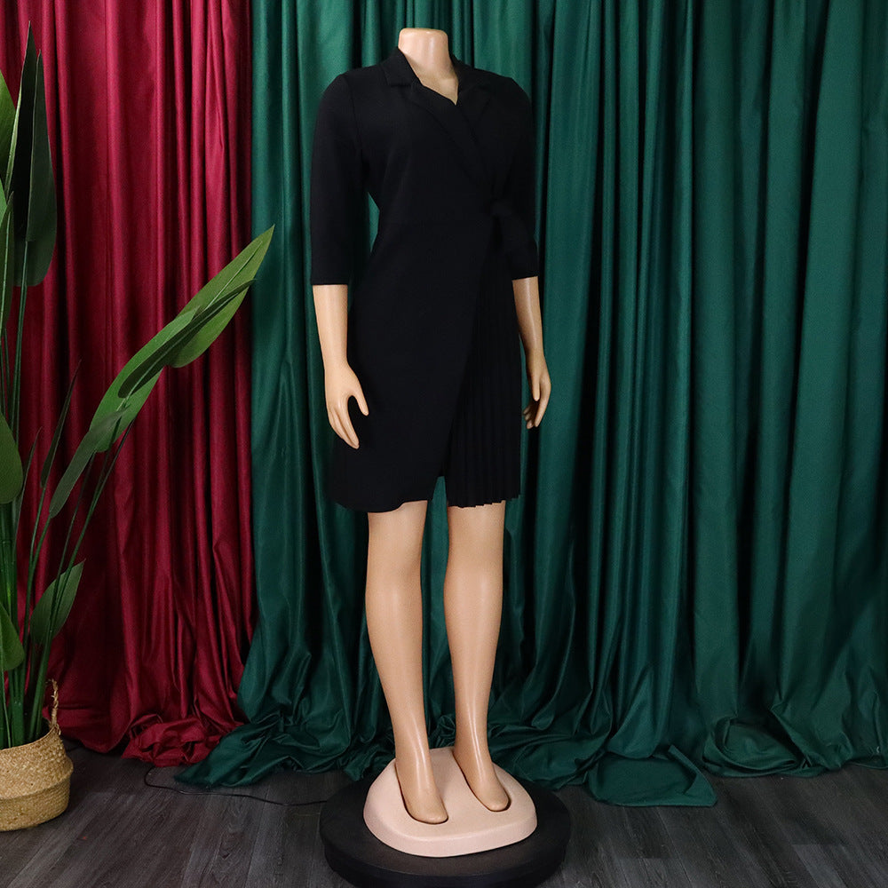 Women Lace Wrap Notched Pleated Blazer Style Vintage Dress