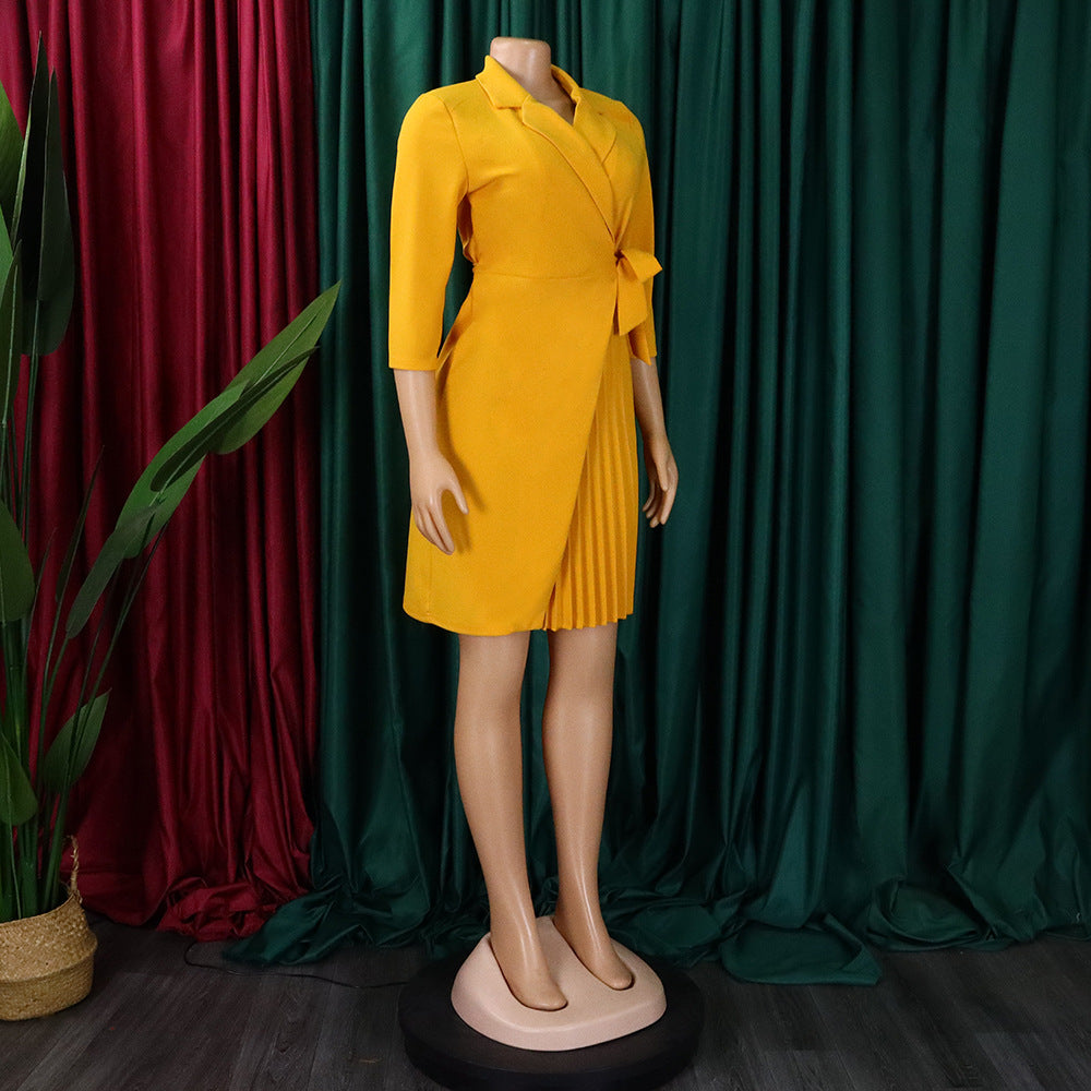 Women Lace Wrap Notched Pleated Blazer Style Vintage Dress