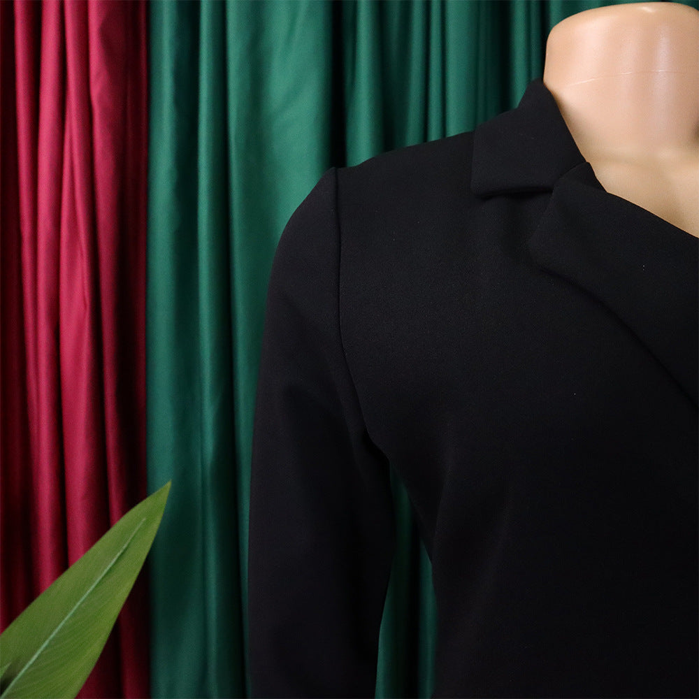 Women Lace Wrap Notched Pleated Blazer Style Vintage Dress