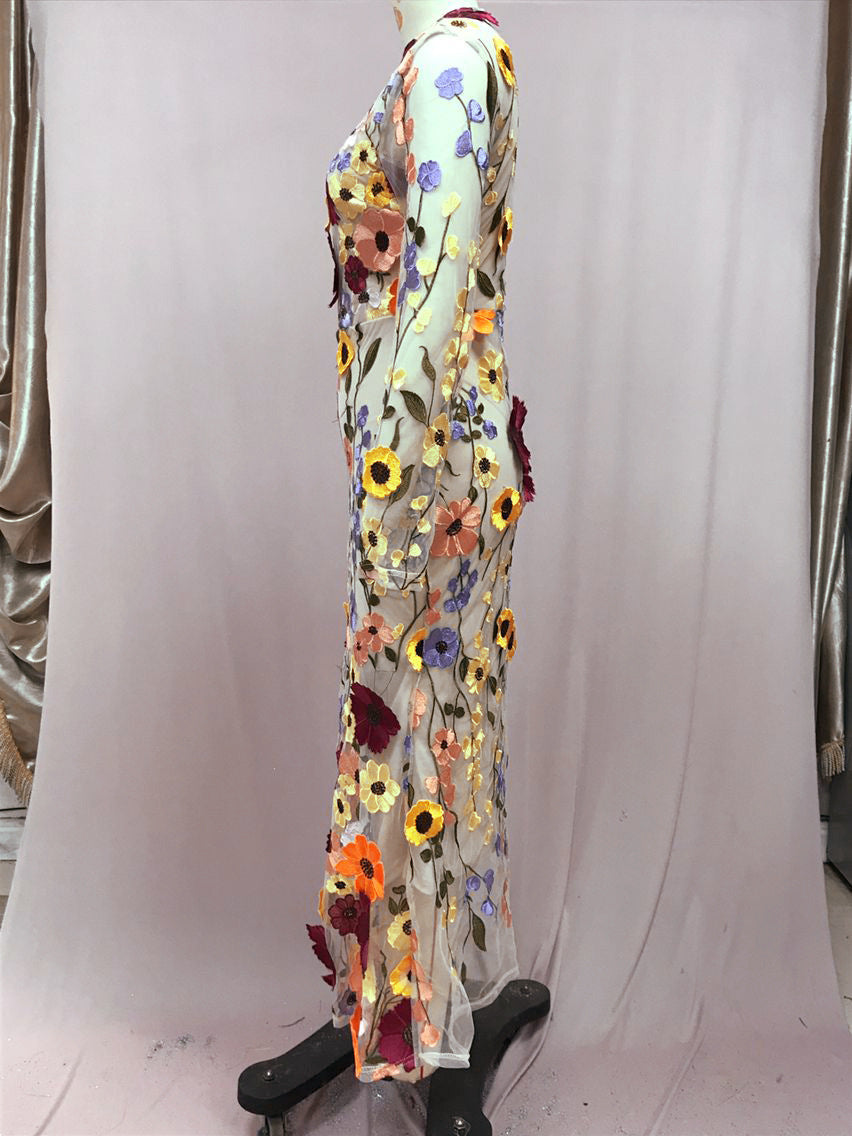Round Neck Colorful Flower Embroider Mesh Fishtail Dress