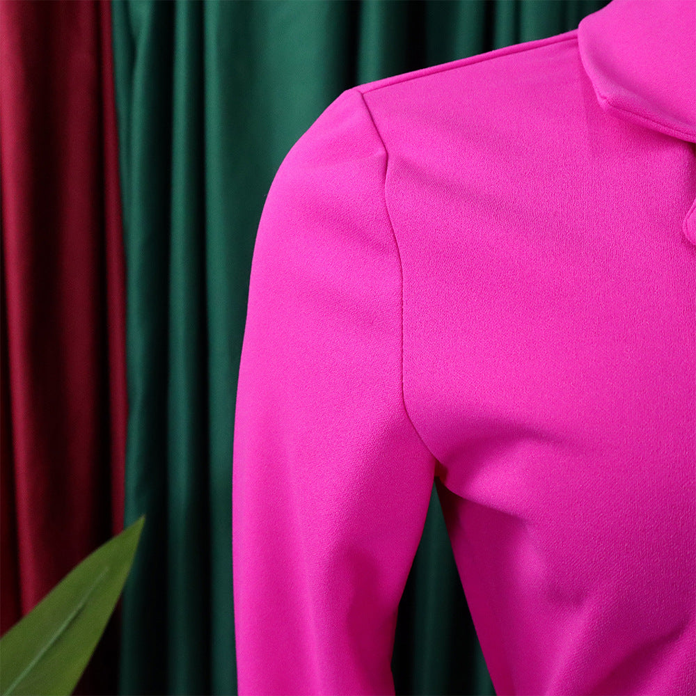 Women Lace Wrap Notched Pleated Blazer Style Vintage Dress