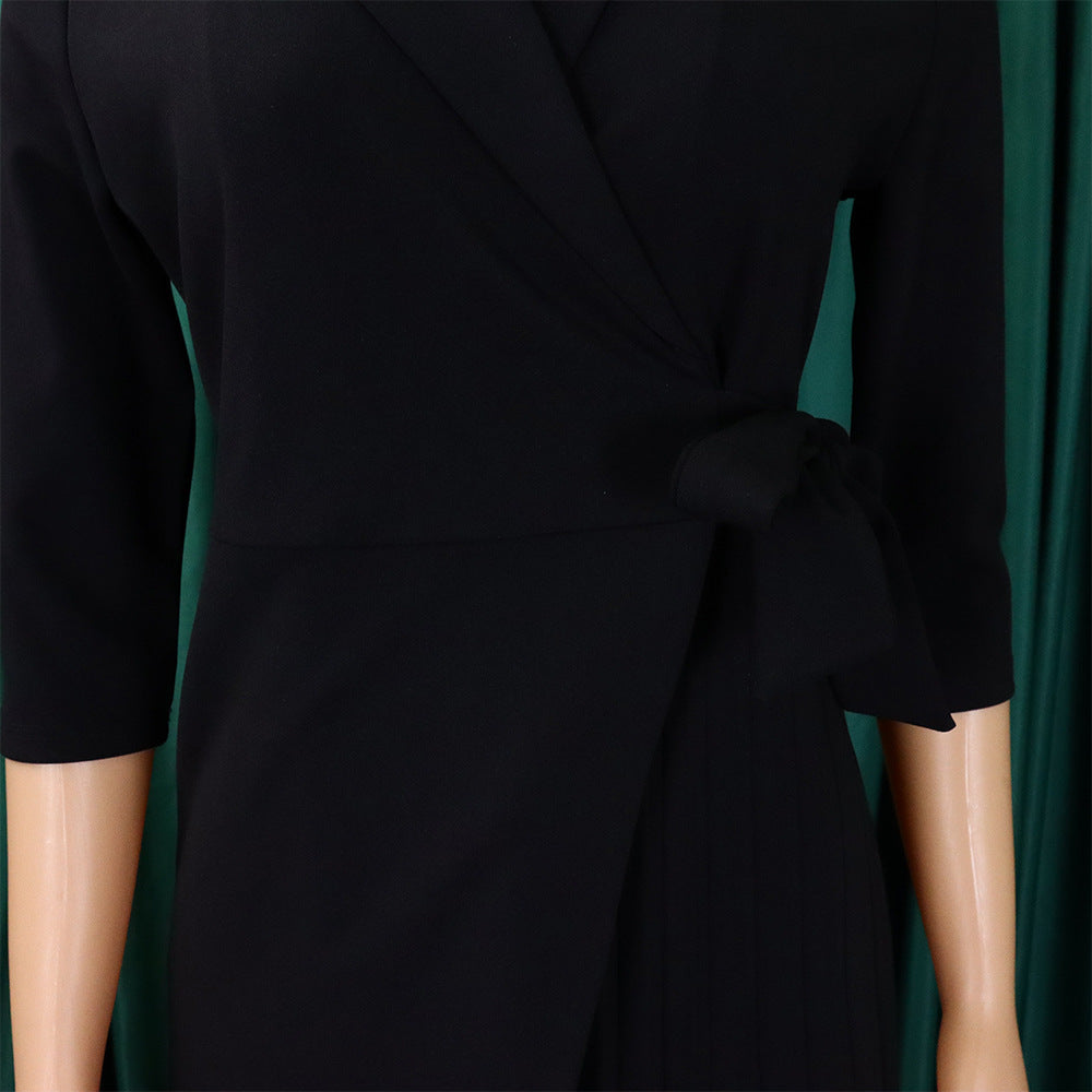 Women Lace Wrap Notched Pleated Blazer Style Vintage Dress