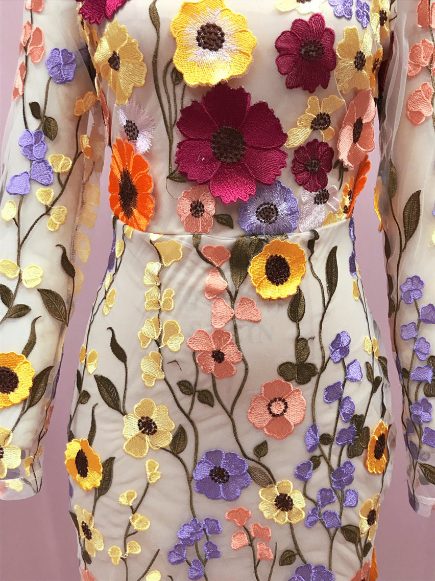 Round Neck Colorful Flower Embroider Mesh Fishtail Dress