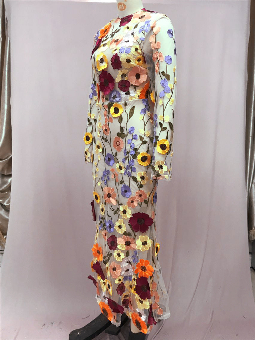 Round Neck Colorful Flower Embroider Mesh Fishtail Dress