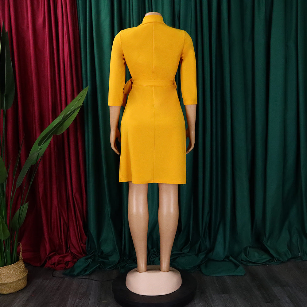 Women Lace Wrap Notched Pleated Blazer Style Vintage Dress