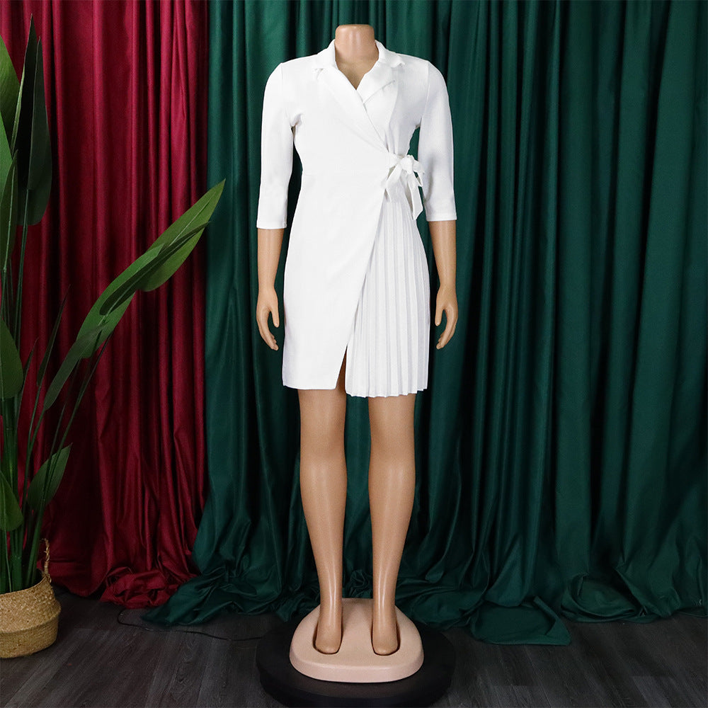 Women Lace Wrap Notched Pleated Blazer Style Vintage Dress