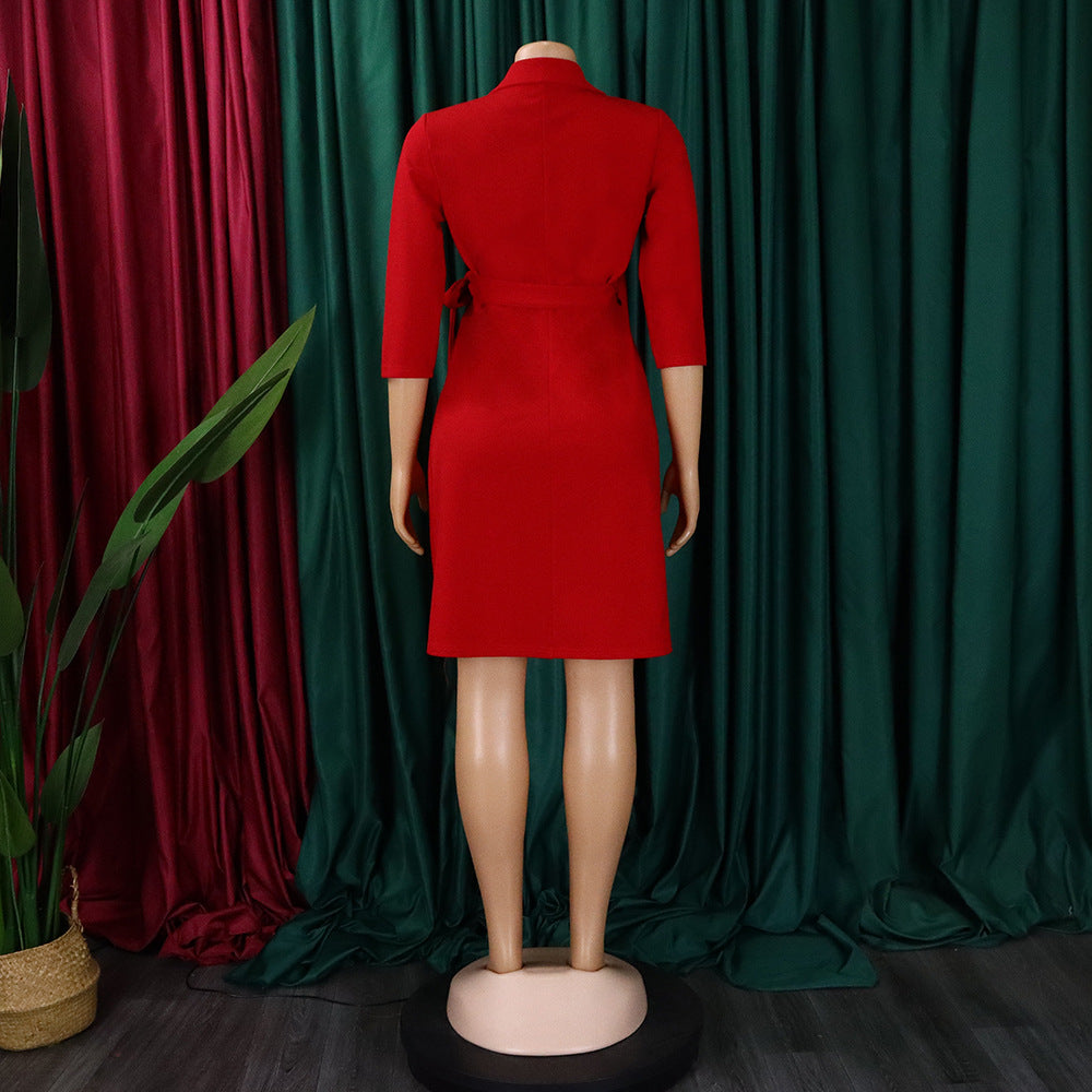 Women Lace Wrap Notched Pleated Blazer Style Vintage Dress