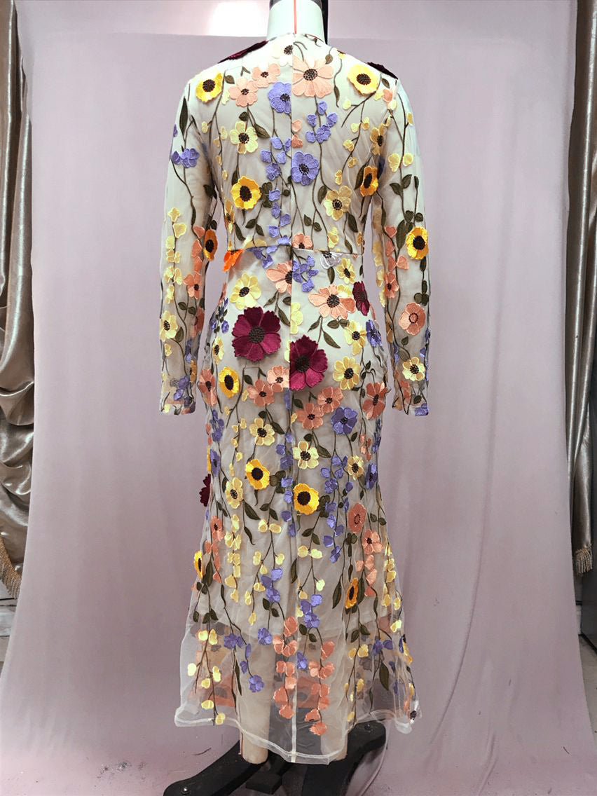 Round Neck Colorful Flower Embroider Mesh Fishtail Dress