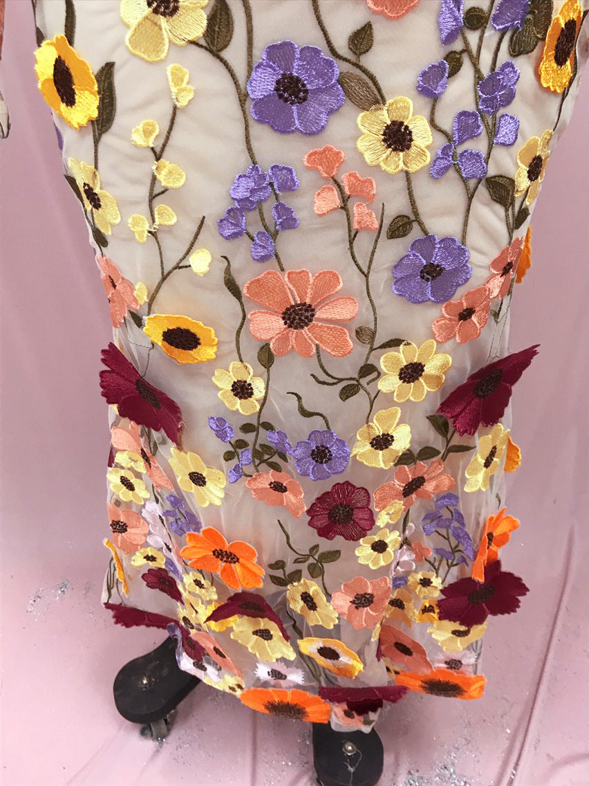 Round Neck Colorful Flower Embroider Mesh Fishtail Dress