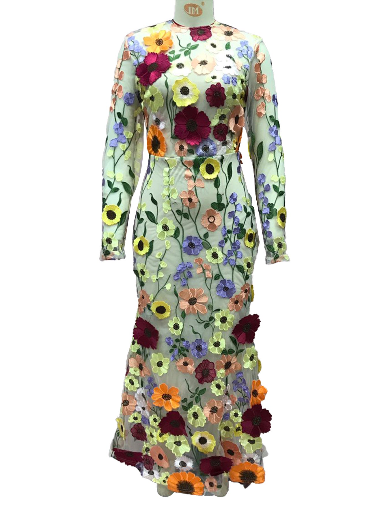 Round Neck Colorful Flower Embroider Mesh Fishtail Dress