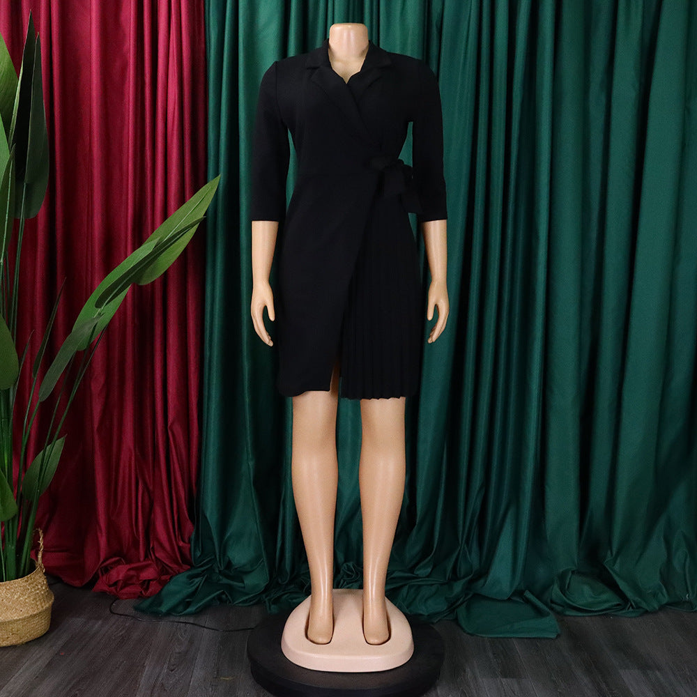 Women Lace Wrap Notched Pleated Blazer Style Vintage Dress