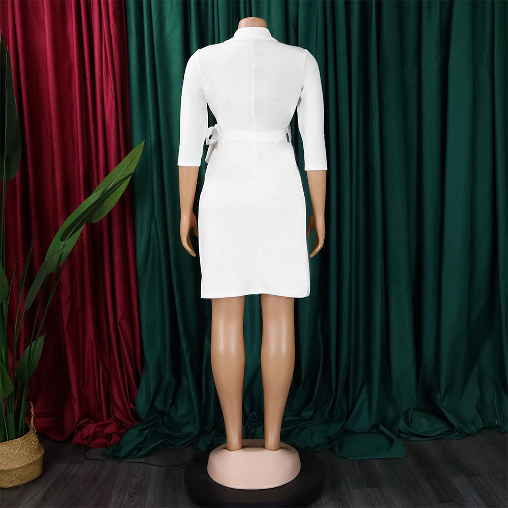 Women Lace Wrap Notched Pleated Blazer Style Vintage Dress