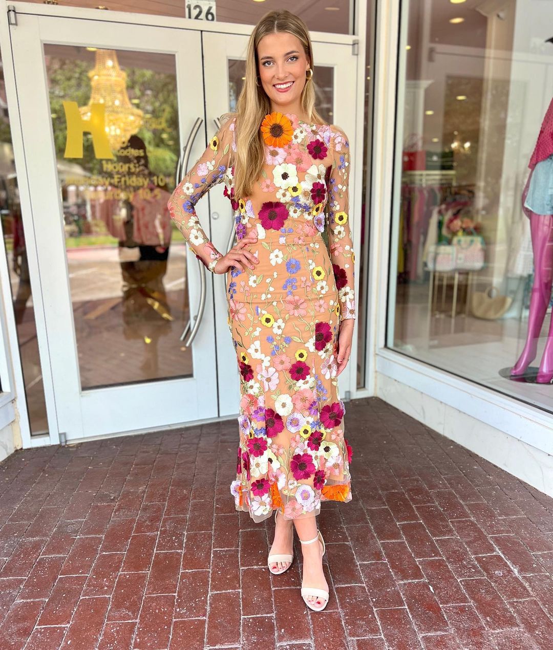 Round Neck Colorful Flower Embroider Mesh Fishtail Dress