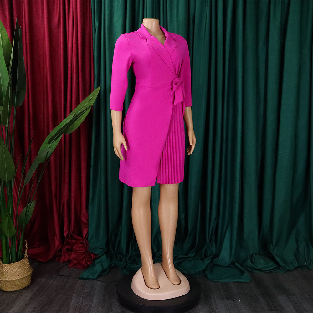 Women Lace Wrap Notched Pleated Blazer Style Vintage Dress